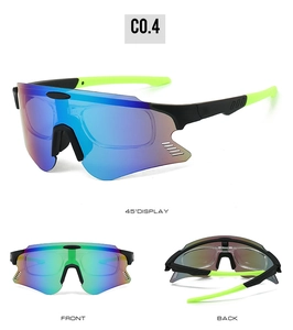 Drei Ansichten der rahmenlosen Radsport-Sonnenbrille mit blau-violettem Farbverlauf