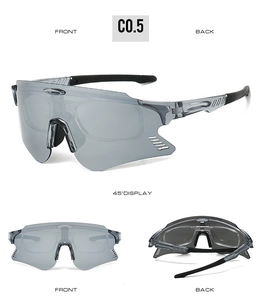 Detailansicht der randlosen Sportsonnenbrille mit grauen Gläsern und belüftetem Bügel