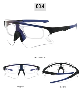 Multi-angle view of photochromic cycling sunglasses with clear lenses and blue frame