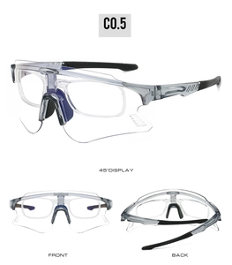 Three-way view of photochromic cycling glasses with clear frame and blue nose pads