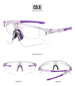Detailed view of photochromic sports glasses with purple frames in three angles