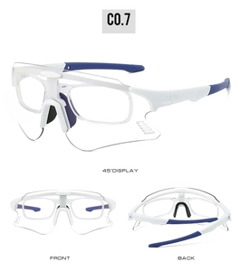 Detail view of photochromic cycling sunglasses with white frame and blue non-slip temples