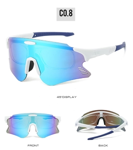 Drei-Winkel-Ansicht der weißen Radsport-Sonnenbrille mit blauer Verspiegelung und Belüftung