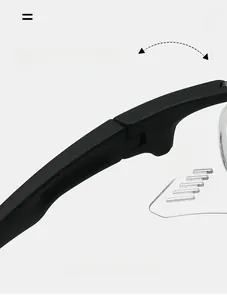 Detail view of durable textured hinge on sports sunglasses showing flexible folding