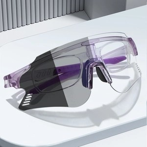 Photochromic cycling sunglasses with purple frame and integrated myopia lens insert