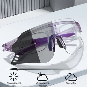 Photochromic cycling sunglasses with purple frame and prescription inner lens insert