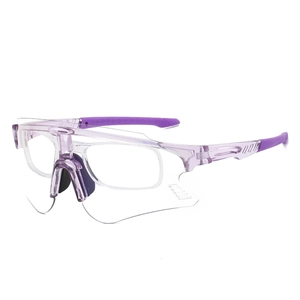 Photochromic cycling sunglasses with purple temples and clear frames for outdoor sports