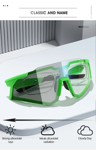 Detail of photochromic cycling sunglasses with green frame and clear prescription insert