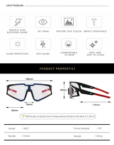 Detailed size specifications for photochromic sports sunglasses with dimensions and features
