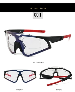 Detail view of photochromic cycling sunglasses with black red frame and myopia lens insert