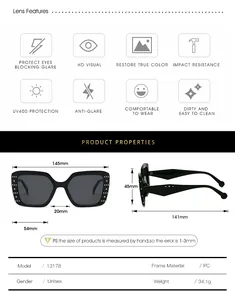 Detailed size chart for trendy square sunglasses with lens width and bridge measurements