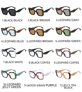 Grid view of various square frame sunglasses with silver rivet accents on wide temples