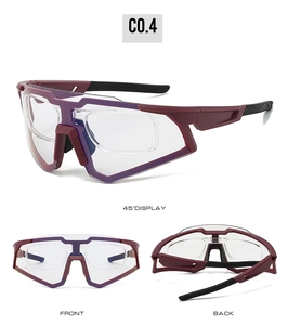Three-view display of wine red cycling glasses with detachable inner myopia frame