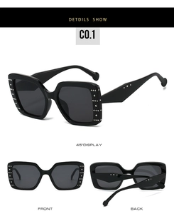 Detailed multi-angle views of square sunglasses with silver rivet accents and black frame