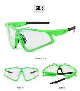 Detail of green sports cycling glasses featuring a removable inner frame and anti-slip temples