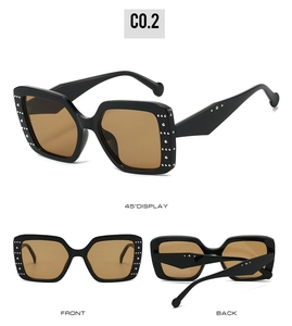 Detailed multi-angle views of square sunglasses with silver rivets and brown lenses