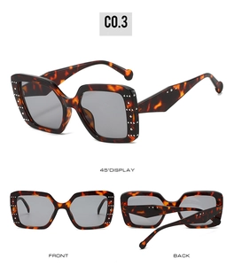 Three-angle view of vintage tortoiseshell square sunglasses with metal stud accents