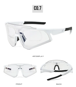 Detail views of white sports sunglasses with transparent lenses and inner optical frame