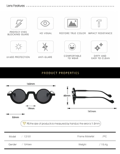 Detailed technical specifications and UV400 protection features for round retro sunglasses