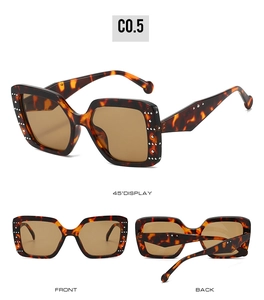 Three-angle display of square tortoise shell sunglasses with metal rivet details