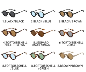 Grid display of vintage small round sunglasses in various frame and lens colors