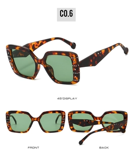 Detailed views of square tortoiseshell sunglasses with green lenses and rivet accents