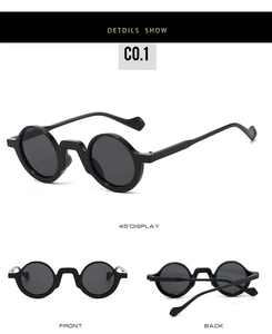 Three-angle views of round black retro sunglasses with wave-shaped temples and thick frames