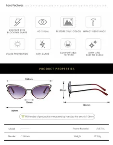 Detailed size chart for cat eye metal sunglasses with dimensions and frame weight