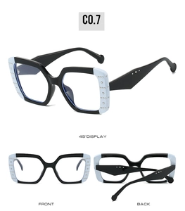 Three-angle product shots showing square rhinestone-studded black and blue sunglasses