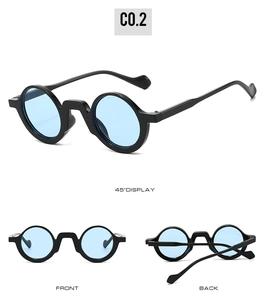 Three-view display of vintage round thick frame sunglasses with blue lenses in model C0.2