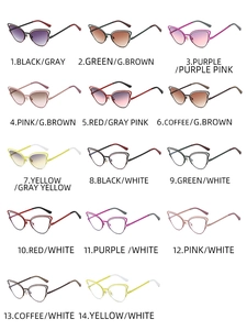 Detailed catalog showing 14 styles of cat eye sunglasses and frames in various colors