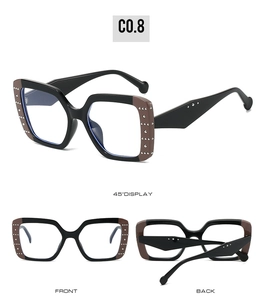 Detailed multi-angle view of square sunglasses with silver rivets and bicolor frames