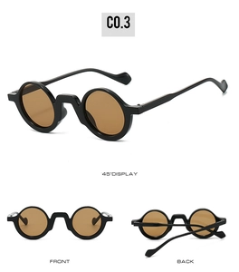 Detailed views of vintage round sunglasses with thick black frames and brown lenses