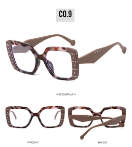 Three-view display of square tortoiseshell sunglasses with silver stud accents and brown temples