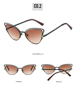 Three angles of dark green cat-eye sunglasses with hollow metal frames and gradient lenses