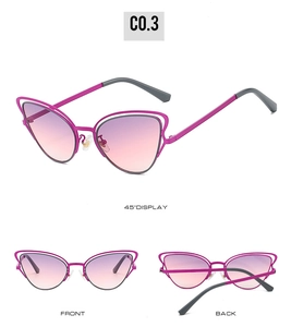 Detail of purple cat eye sunglasses featuring metal frames and gradient lenses from three angles