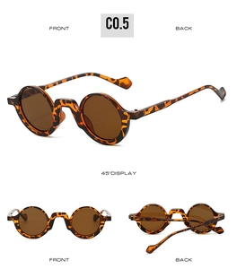 Detailed views showing front, back and 45-degree angle of round tortoiseshell sunglasses