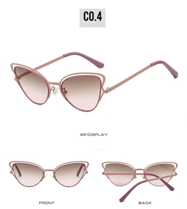 Three perspectives of rose gold cat eye sunglasses with gradient lenses and cut-out frame