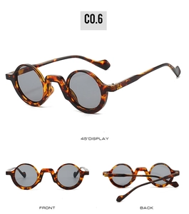 Three-view display showing dark tortoiseshell round sunglasses from front, side and back