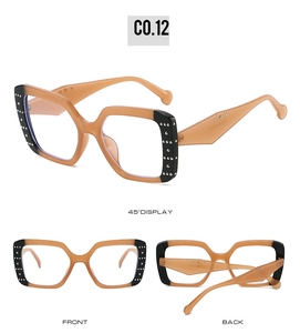 Three-angle view of square frame sunglasses with silver rivet studs in brown and black