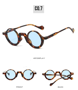 Detail view of round tortoise shell sunglasses with blue tinted lenses from multiple angles
