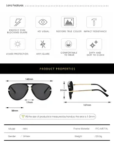 Detailed size chart and dimensions of retro pilot sunglasses with UV400 protection