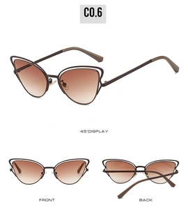 Three views of cat-eye sunglasses with gradient lenses in dark frames and metal details