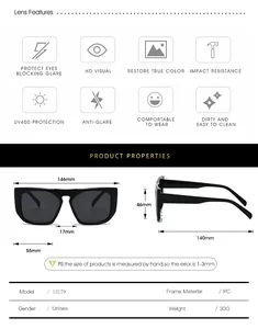Detailed size chart for square frame sunglasses with UV400 PC lens specifications