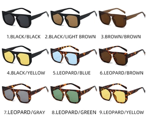 Multiple SKU showcase of square oversized sunglasses with various lens and frame colors