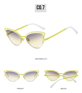 Three views of modern cat eye sunglasses featuring yellow hollow frames and gradient lenses