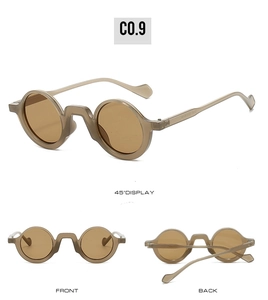 Three perspectives of retro round amber tortoiseshell sunglasses with brown lenses