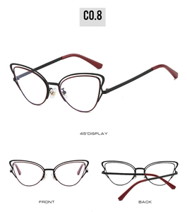 Detailed three-view shots of cat-eye sunglasses with unique black and red double frames