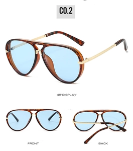 Tortoiseshell aviator sunglasses with light blue lenses shown in multiple view angles
