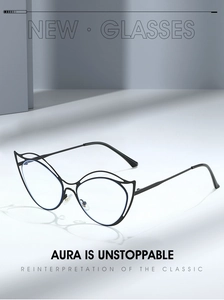 Detail of black cat-eye glasses with hollow double-beam metal frame and blue light lenses